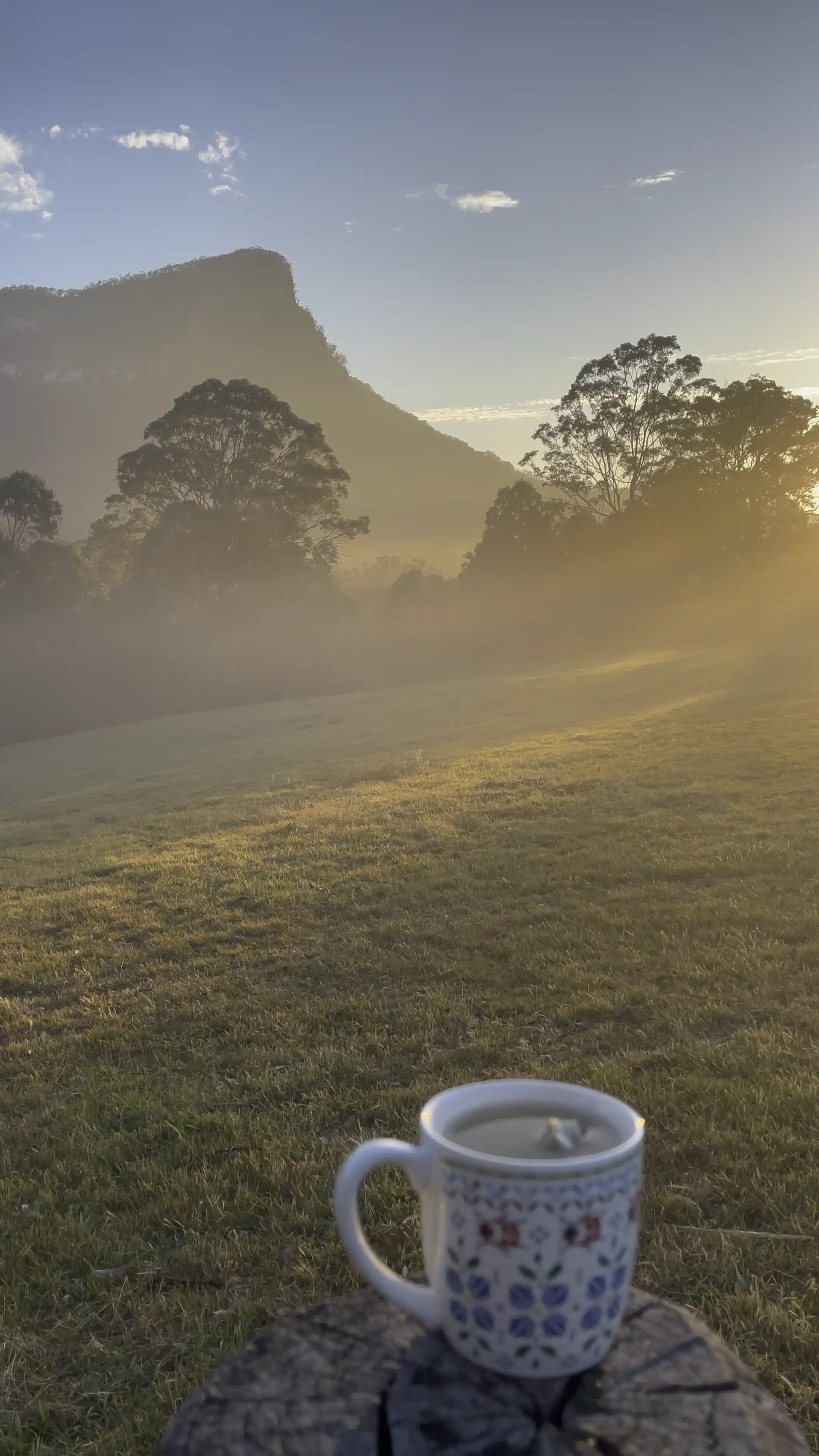 Peaceful morning coffee at Yutori retreat with mountain views